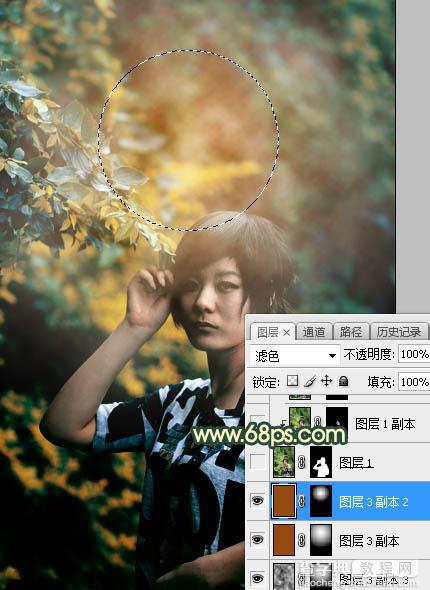 Photoshop将夏季树林人物图片打造甜美的青黄色25