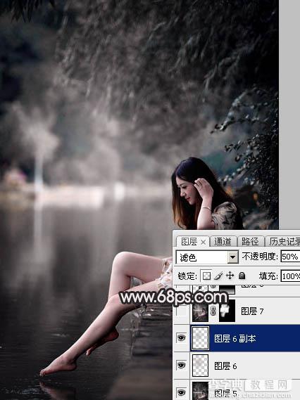 Photoshop调出暗调古典冷褐色水边的美女图片28