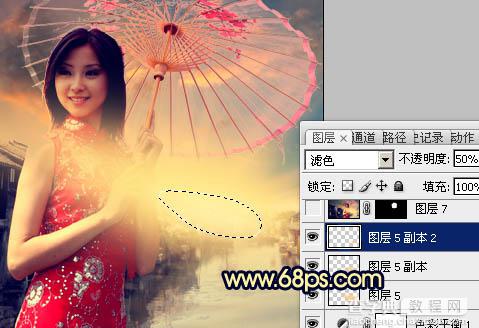 Photoshop调出古典霞光效果古镇美女图片23