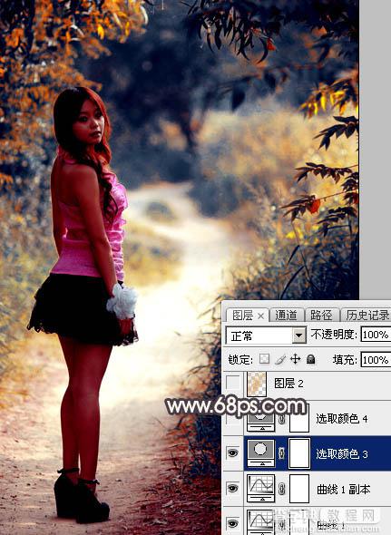 Photoshop调出暗调深秋色树林路边的人物图片17