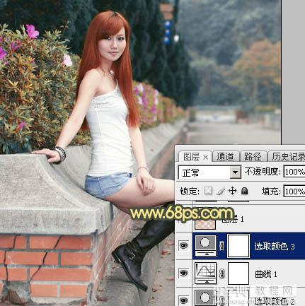 Photoshop为路边的美女加上暗调青黄色霞光色20