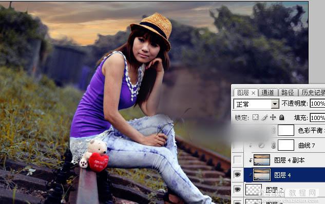 Photoshop为铁轨上的人物加上昏暗的暖色晨曦效果教程27