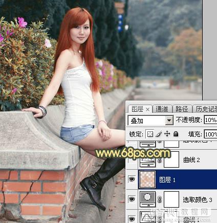 Photoshop为路边的美女加上暗调青黄色霞光色21