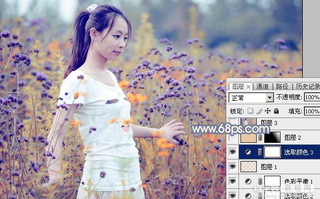 Photoshop为花丛中的美女加上秋季澄黄紫色29