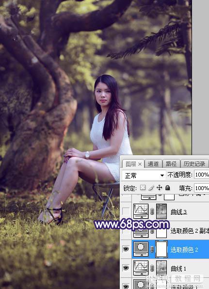 Photoshop调制出甜美清新的淡蓝色树林人物图片12