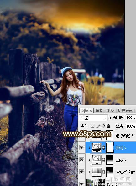 Photoshop调制出高对比暗调霞光木篱边的人物图片36