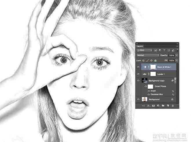Photoshop制作将一幅美女照打造成黑白风格的铅笔画效果6