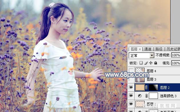 Photoshop为花丛中的美女加上秋季澄黄紫色30
