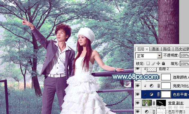 Photoshop将树林婚片调制出唯美的青蓝色效果33