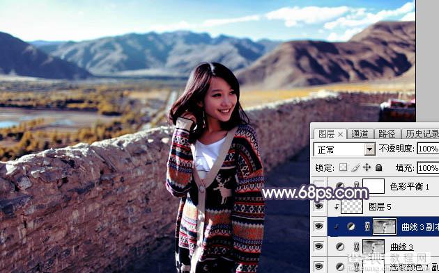Photoshop将高原山区人物图片调至出灿烂的霞光色12