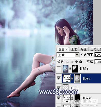 Photoshop调制出梦幻的淡调青蓝色池塘边的人物图片47