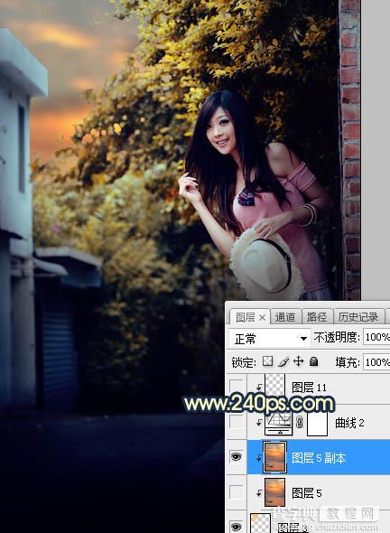 Photoshop调制出阳光晨曦效果路边大树旁美女图片16