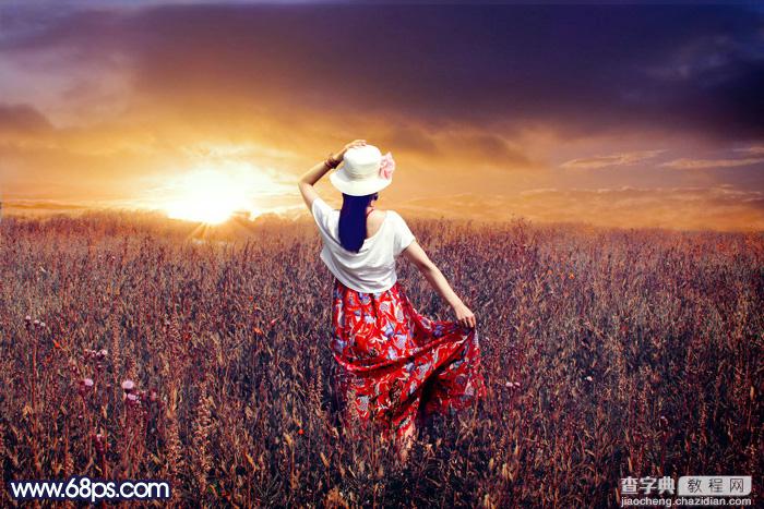 Photoshop将草原人物图片增加大气的霞光效果2