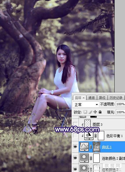 Photoshop调制出甜美清新的淡蓝色树林人物图片15