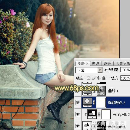 Photoshop为路边的美女加上暗调青黄色霞光色40