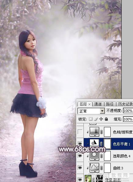 Photoshop为树林人物图片打造梦幻的淡调蓝紫色34