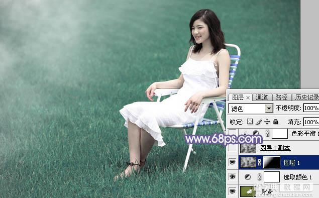 Photoshop调出唯美的淡蓝色草地美女图片6