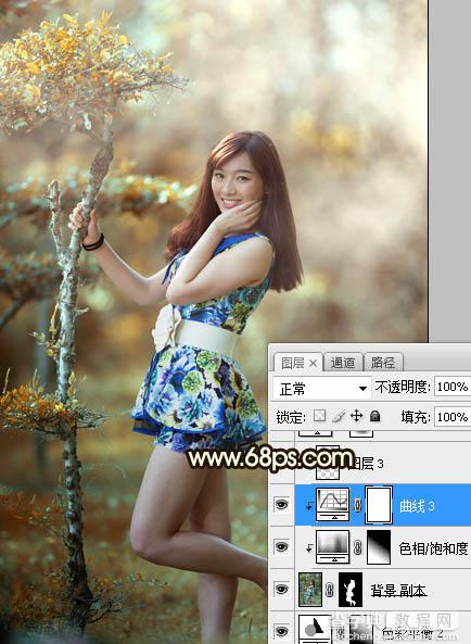 Photoshop调制出甜美的黄褐色树边人物图片33