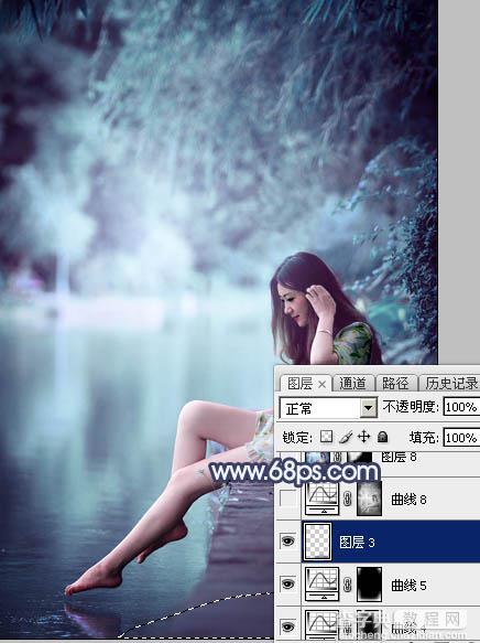 Photoshop调制出梦幻的淡调青蓝色池塘边的人物图片44
