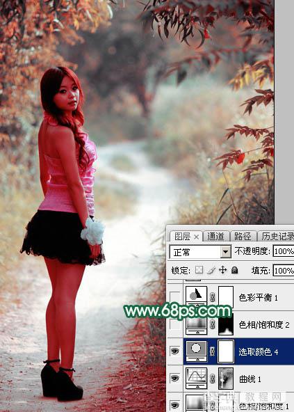 Photoshop调出暗调秋季青红色树林人物图片26