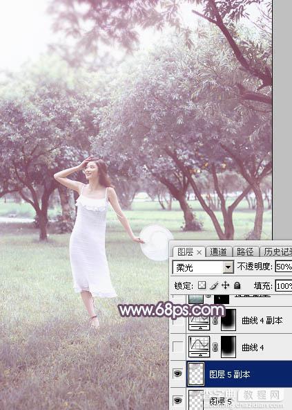 Photoshop将树林人物图片打造出唯美的淡调紫红色特效35