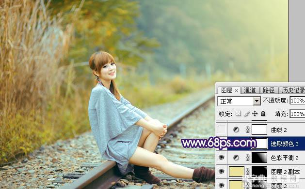 Photoshop调制出淡黄色的秋季铁轨小清新美女图片29