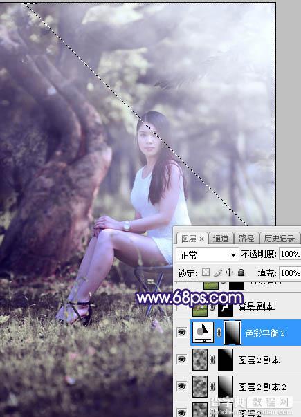 Photoshop调制出甜美清新的淡蓝色树林人物图片23