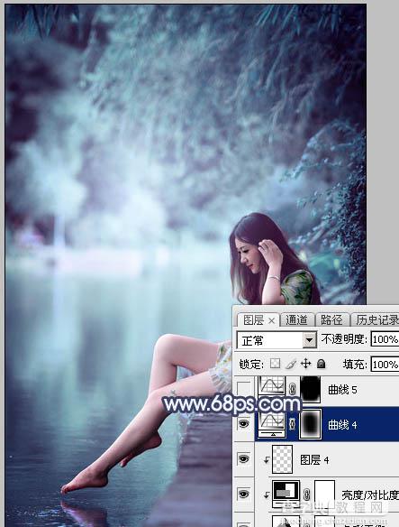 Photoshop调制出梦幻的淡调青蓝色池塘边的人物图片43