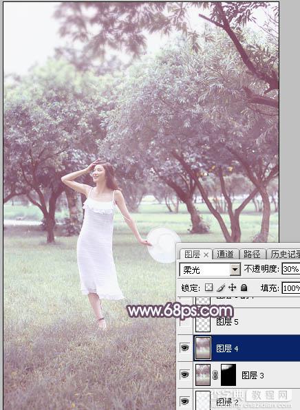 Photoshop将树林人物图片打造出唯美的淡调紫红色特效33