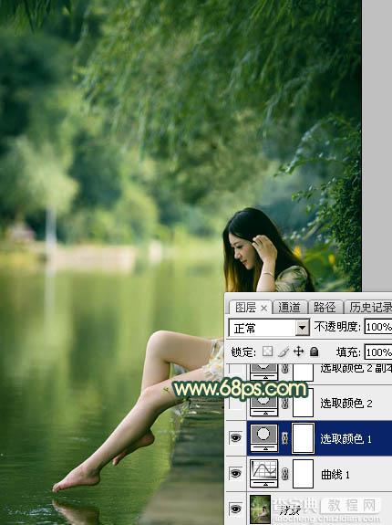 Photoshop将水塘边的美女增加暗调黄青色10