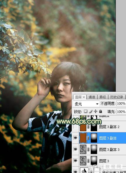 Photoshop将夏季树林人物图片打造甜美的青黄色24