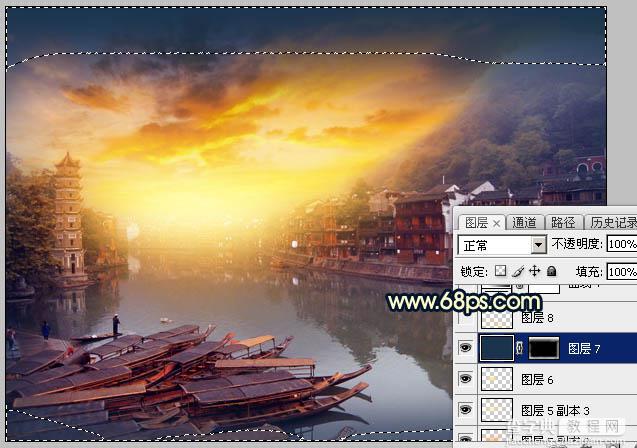 Photoshop调出唯美的霞光水边古镇效果35