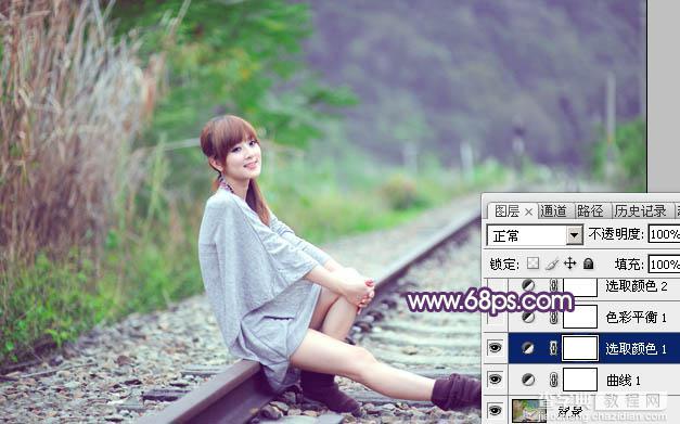 Photoshop为铁轨美女图片打造出清新甜美的淡调绿紫色12