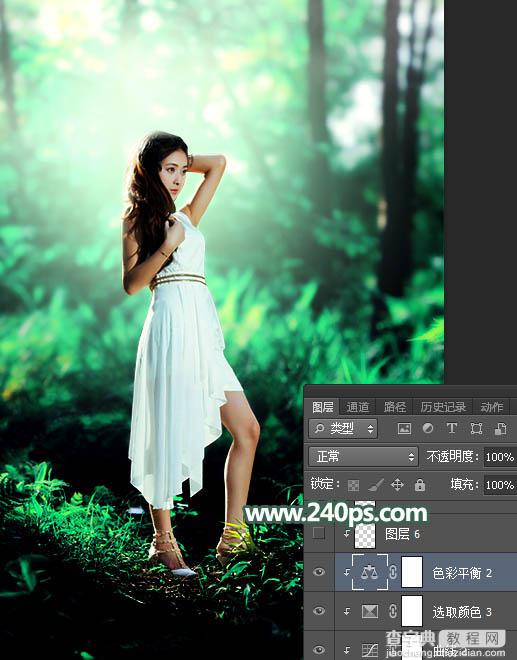 Photoshop将树景人物图片打造唯美的青绿色特效35