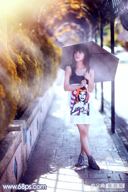 Photoshop为打伞的外景美女调制出梦幻浓厚的秋季橙红色2