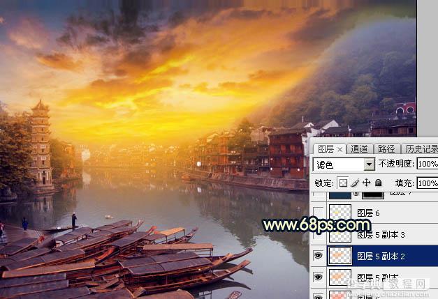 Photoshop调出唯美的霞光水边古镇效果32