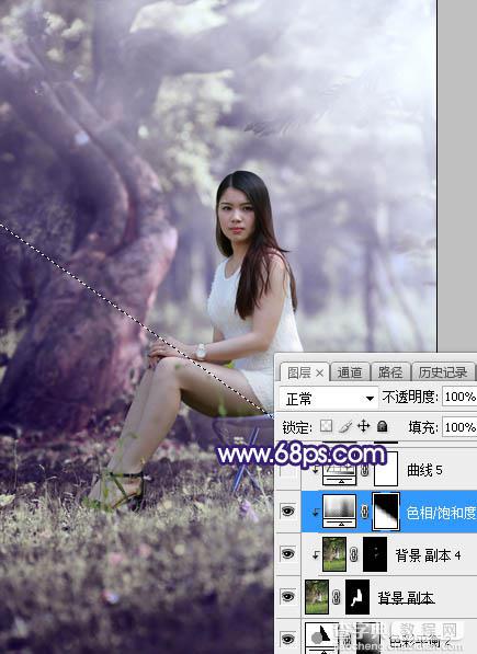 Photoshop调制出甜美清新的淡蓝色树林人物图片28