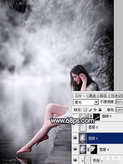 Photoshop使用图层样式打造唯美的古典淡蓝色树林人物图片25