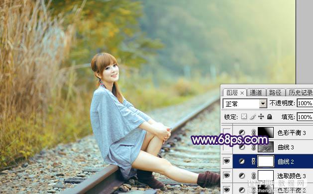 Photoshop调制出淡黄色的秋季铁轨小清新美女图片34