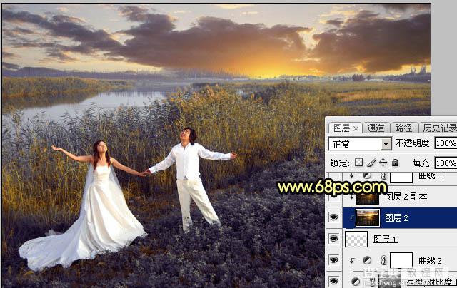 Photoshop将芦苇边的情侣加上唯美的晨曦32