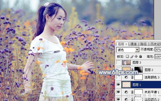 Photoshop为花丛中的美女加上秋季澄黄紫色24