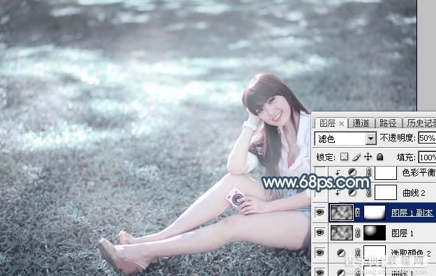 Photoshop调出唯美的秋季淡蓝色草地上美女图片22