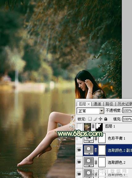 Photoshop将水塘边的美女增加暗调黄青色17