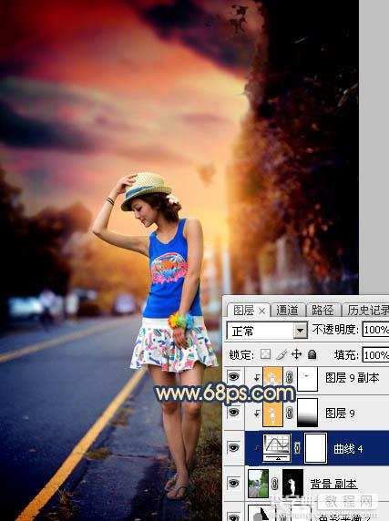 Photoshop调出昏暗的霞光公路上的美女图片43