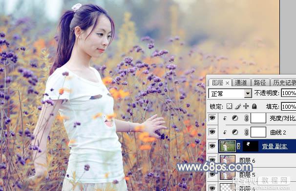 Photoshop为花丛中的美女加上秋季澄黄紫色31