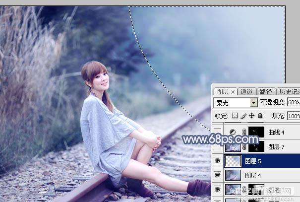Photoshop为铁轨上的美女加上梦幻甜美的蓝色效果25