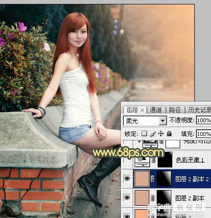 Photoshop为路边的美女加上暗调青黄色霞光色34