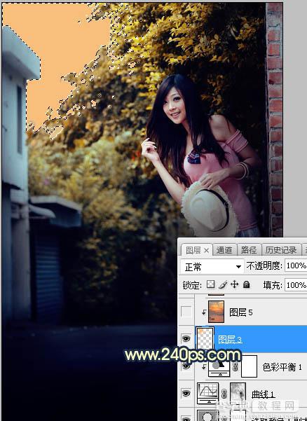 Photoshop调制出阳光晨曦效果路边大树旁美女图片14