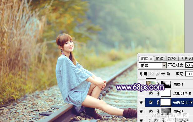 Photoshop调制出淡黄色的秋季铁轨小清新美女图片47