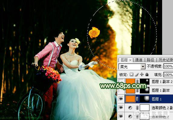Photoshop调出高对比的橙绿色树林婚片28
